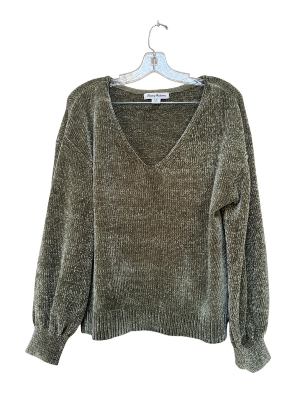 Tommy Bahama Moss Green Chenille Sweater L Cozy Coastal Granola V Neck